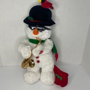 VIDEO Rare Galerie Au Chocolat Animated Plush Saxophone Snowman w/Cardinal Read